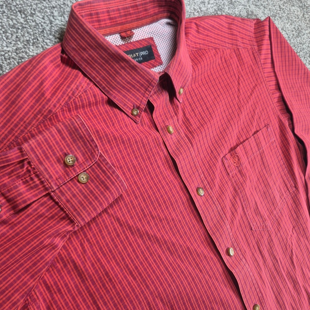 Ariat Pro Series Button Down Mens Large Red Striped Long Sleeve Western